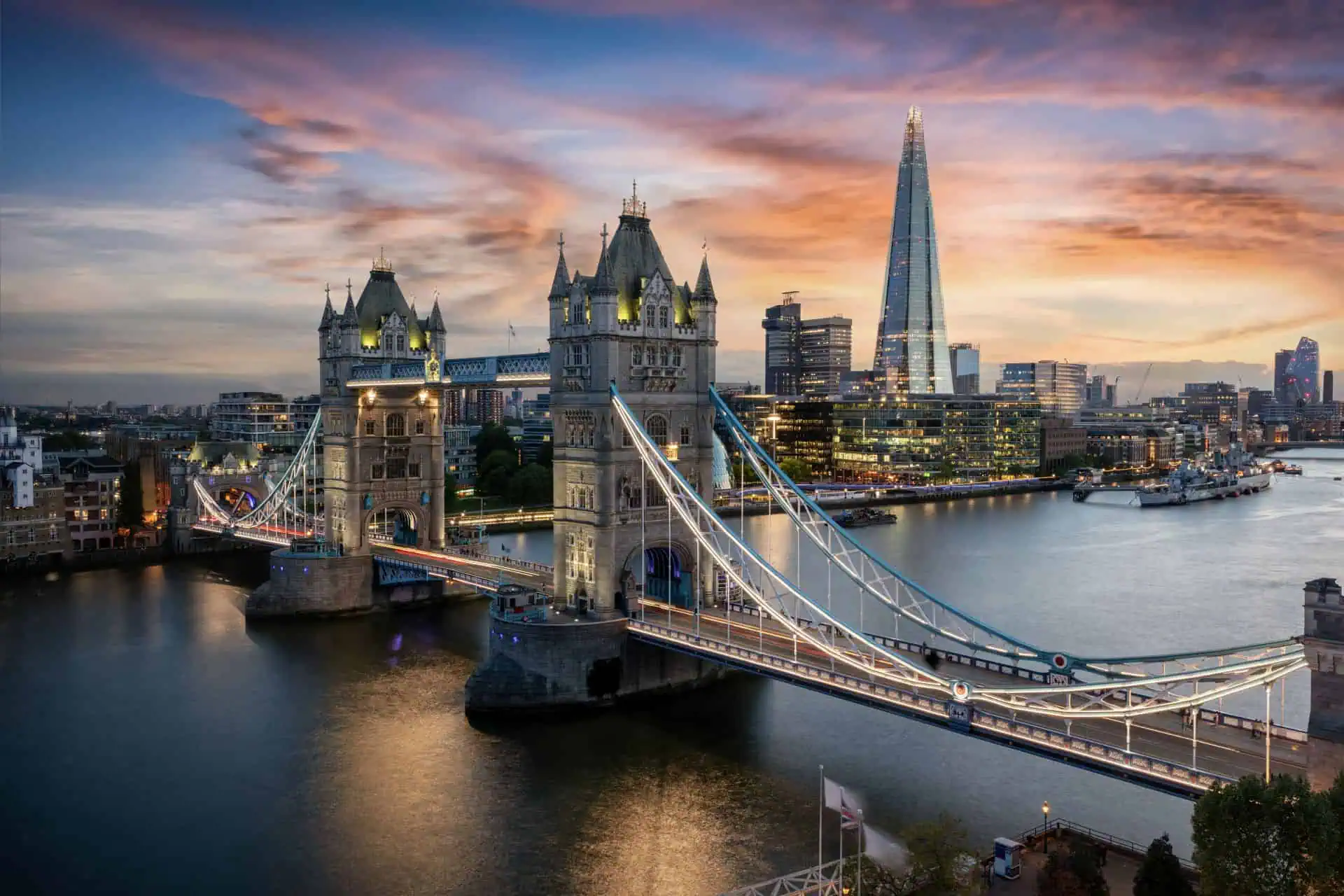 Aerial view of Tower Bridge illuminated