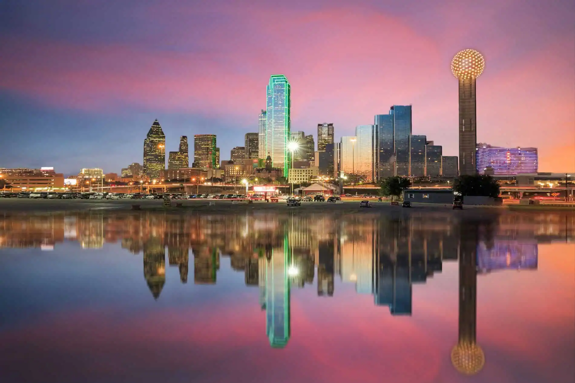 Dallas, Texas cityscape with blue sky at sunset
