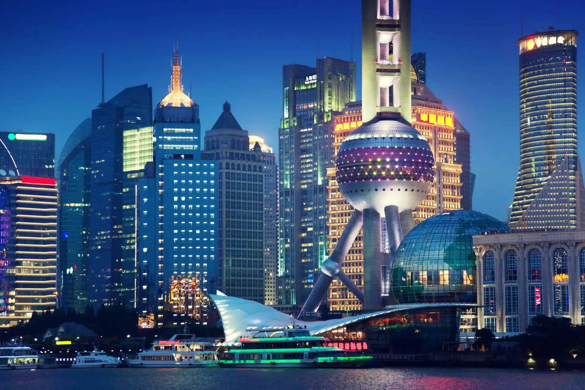 Shanghai, China skyline with modern skyscrapers and Huangpu River
