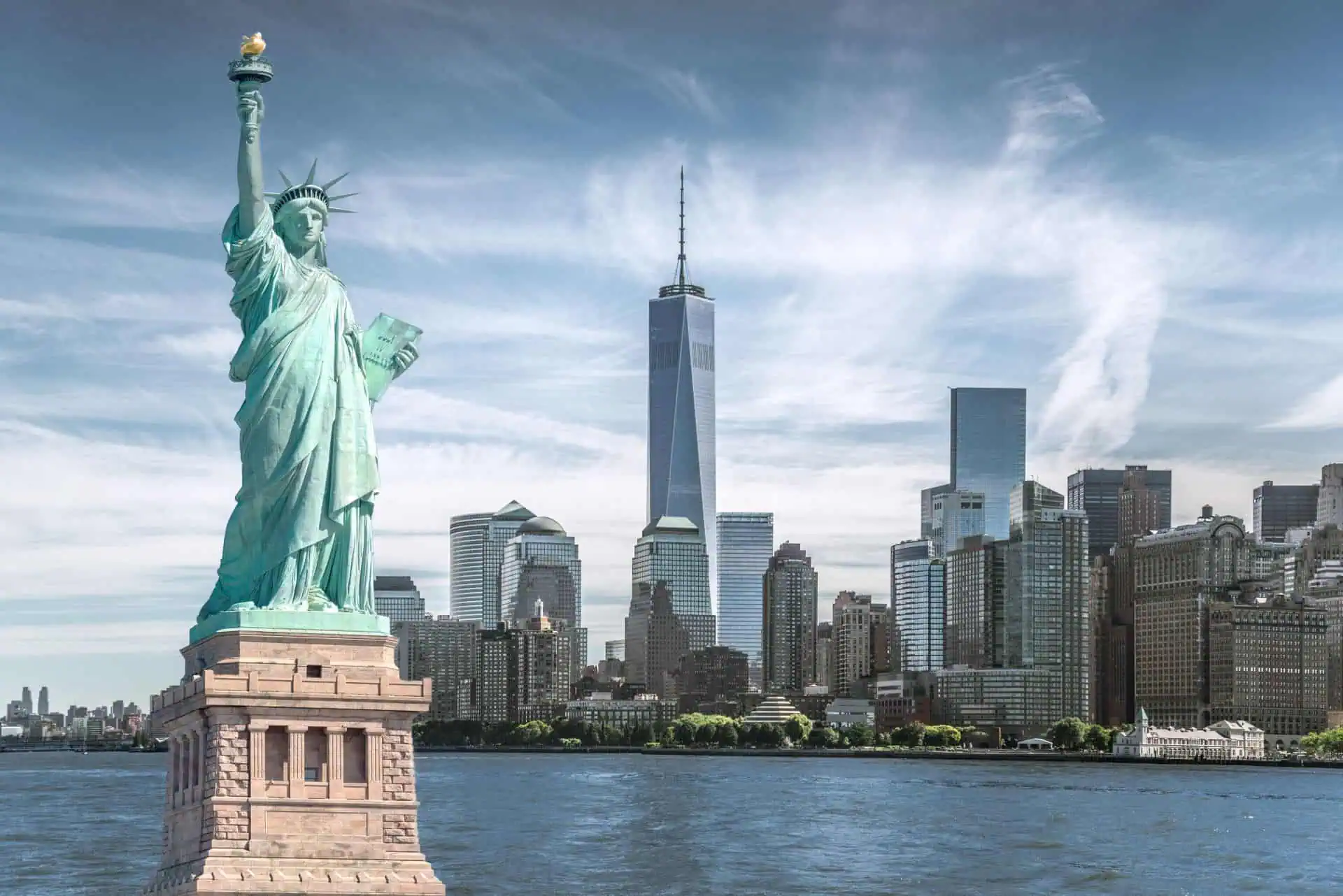 The Statue of Liberty with the World Trade Center background