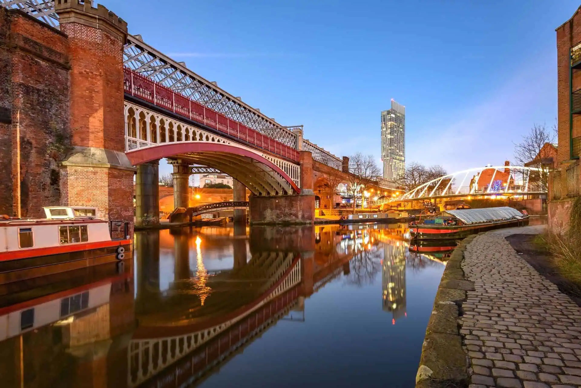 View of the tallest building in Manchester, the Beetham Tower, reflected in the Manchester Canal