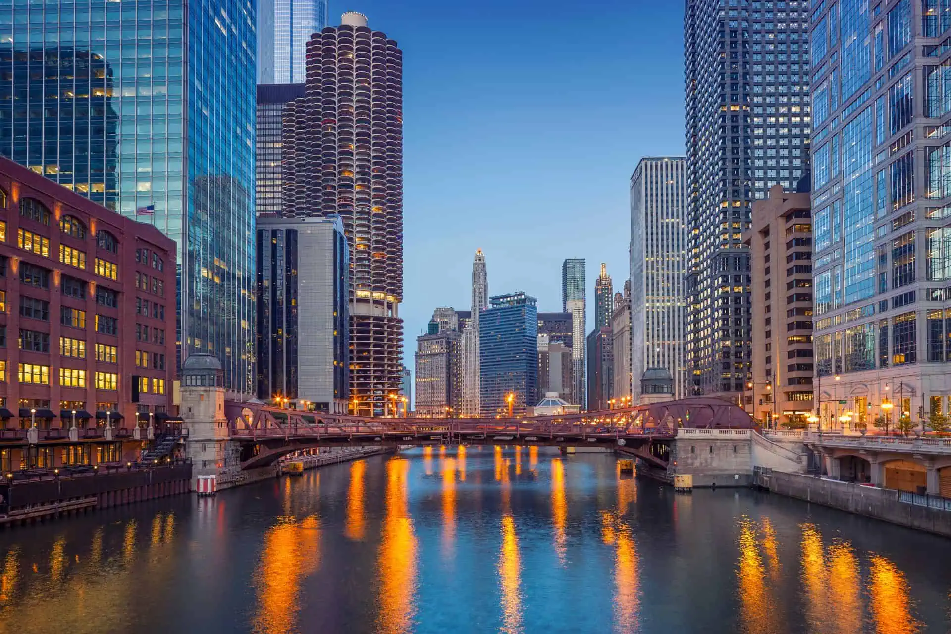 Downtown Chicago cityscape with skyscrapers and Lake Michigan shoreline
