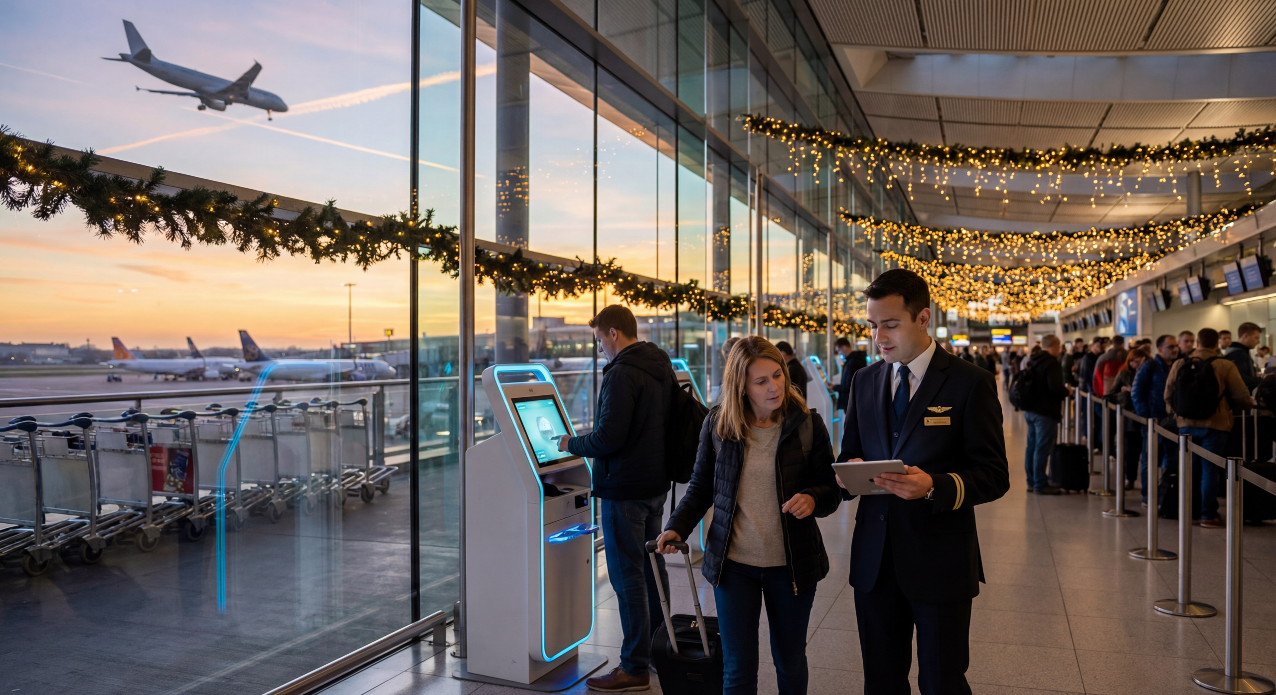Air Travel, a couple of people in an airport during Christmas