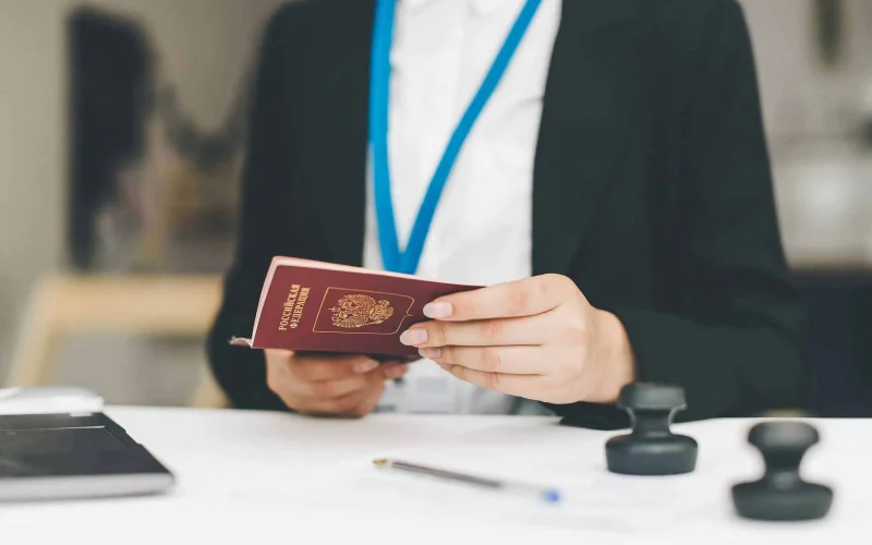 visa officer puts a stamp in the passport